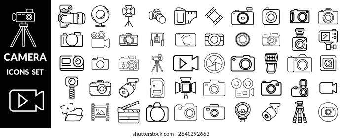 camera icons big set, camera silhouette ,camera line art icon set design 