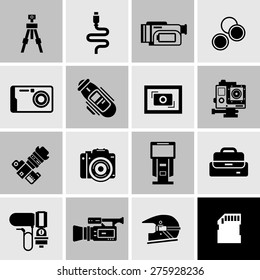 Camera icons black set with digital photo technique and equipment isolated vector illustration
