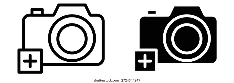 Iconos de cámara en blanco y negro para uso de diseño y tecnología, conjunto de iconos de cámara. Esquema y glifo de la colección de la cámara fotográfica. Símbolo de la imagen, conjunto de iconos de cámara. ilustración plana de icono de Vector 