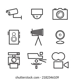 Camera Icons. Collection of Black Linear Symbols Isolated on a White Background. Vector Illustration. Editable Stroke 