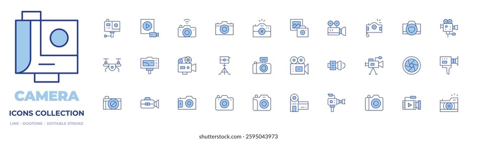 Camera icons collection. Line Duotone style, editable stroke. movie camera, camera, camera tripod, video, drone, gopro, photo, shutter.