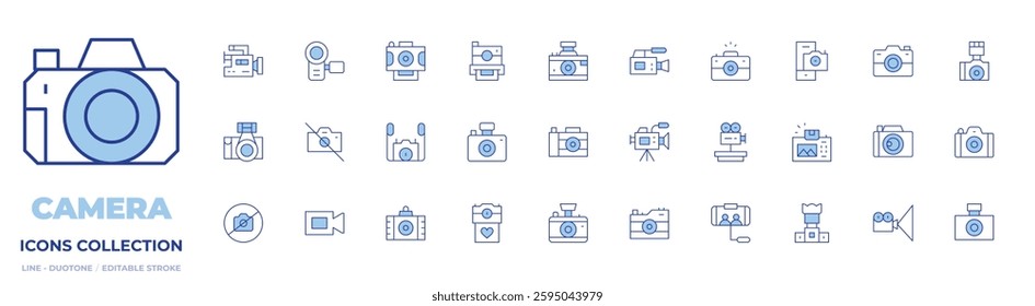 Camera icons collection. Line Duotone style, editable stroke. no camera, video, photo, movie camera, camera lens.