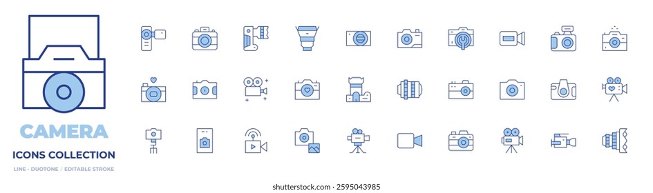 Camera icons collection. Line Duotone style, editable stroke. camera, photo camera, cinema camera, digital, tripod, video, film.