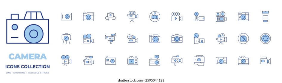 Camera icons collection. Line Duotone style, editable stroke. video camera, camera, camera lens,, flash, photo, lens, handycam.