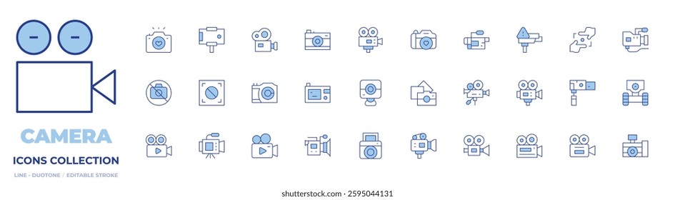 Camera icons collection. Line Duotone style, editable stroke. video, camera, security, photo, no photo, focus, instant, film.