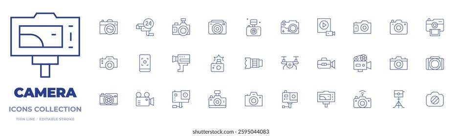 Camera icons collection. Thin Line icons, editable stroke. photo, movie, lens, camera tripod, camera, video camera, cctv.