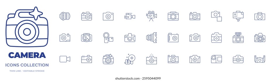 Camera icons collection. Thin Line icons, editable stroke. camera, video camera, film, lens, digital camera, shutter.