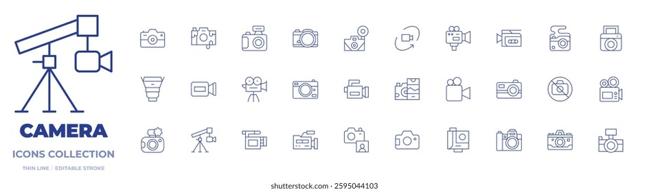 Camera icons collection. Thin Line icons, editable stroke. video, photo camera, camera lens, no photo, crane, degree.