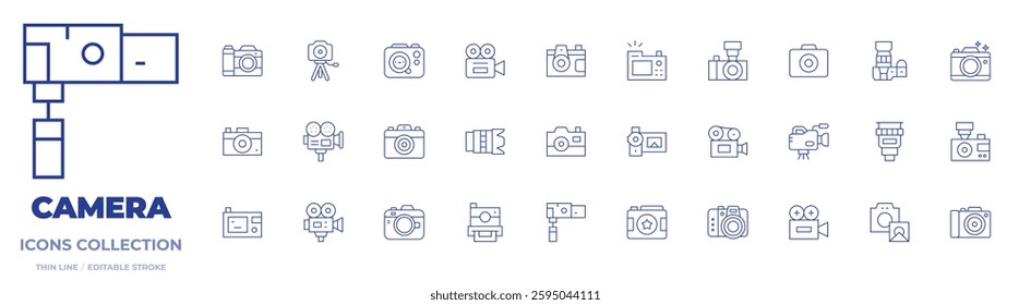 Camera icons collection. Thin Line icons, editable stroke. photo, video camera, camera lens, digital camera, tripod.