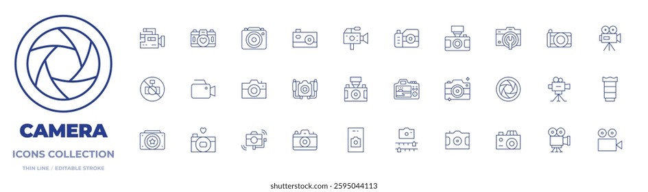 Camera icons collection. Thin Line icons, editable stroke. photo, cinema camera, video, camera lens, stabilizer, lens.