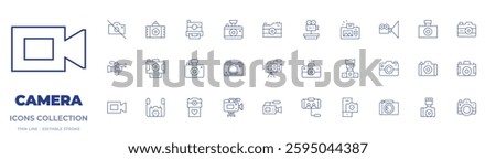 Camera icons collection. Thin Line icons, editable stroke. no camera, video camera, photo camera, movie, lens.