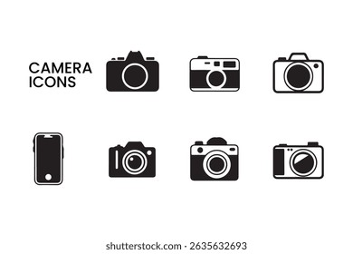 Camera Icons: A curated collection of camera icons showcases a range of retro and modern designs in sleek black and white.