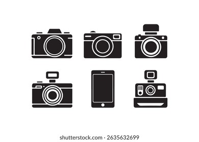 Camera Icons: A curated collection of camera icons showcases a range of retro and modern designs in sleek black and white.
