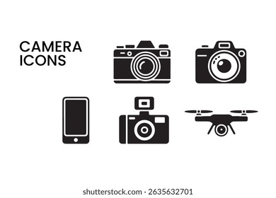 Camera Icons: A curated collection of camera icons showcases a range of retro and modern designs in sleek black and white.