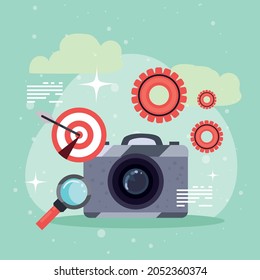 camera with icons of digital marketing theme