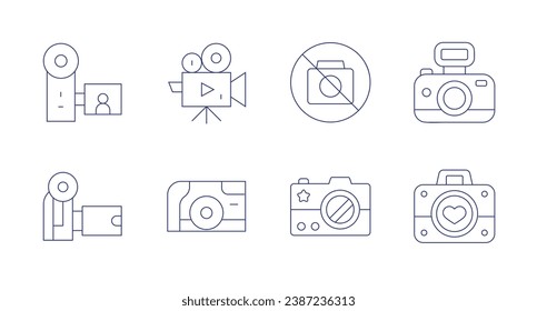 Iconos de cámara. Trazo editable. Consta de vídeo, sin cámara, cámara, foto, cámara manual, videocámara.