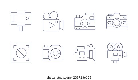 Camera icons. Editable stroke. Containing video camera, camera, photo camera, video production, smartphone, auto focus.