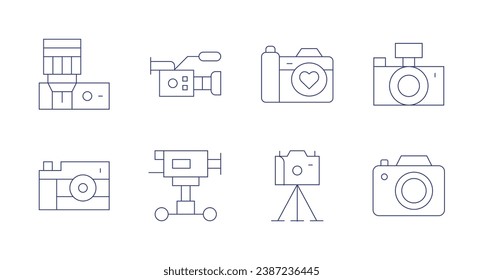 Camera icons. Editable stroke. Containing camera, tripod, photo, camera crane.