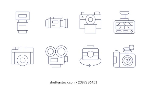 Camera icons. Editable stroke. Containing camera flash, video, dash cam, camera, instant camera, rotate.