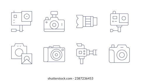 Camera icons. Editable stroke. Containing lens, video camera, gopro, photo, action camera.