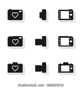 Camera icons heart lens with dot shadow, mirrorless and compact illustration silhouette set flat design black color isolated on white background, vector eps10