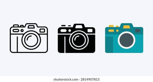 Camera icons in line art, solid, and flat colored styles for photography portfolios or mobile camera applications.