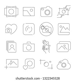 Camera icons on white background. Contains such as no flash, camera focus, photos, camera and other. Vector illustration. Editable Stroke. EPS 10