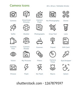 Iconos de cámara - Iconos con estilo de esquema, diseñados para una cuadrícula de 48 x 48 píxeles. Trazo editable.