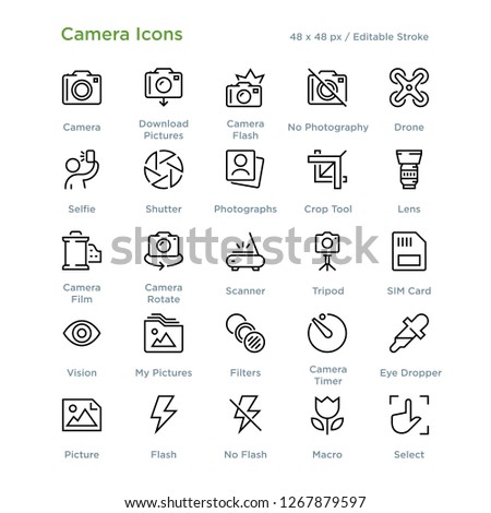 Camera Icons - Outline styled icons, designed to 48 x 48 pixel grid. Editable stroke.