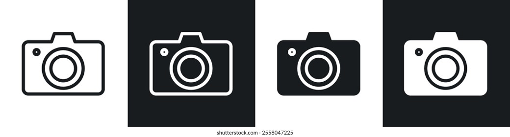 Camera icons pack in black and white filled and outlined versions.