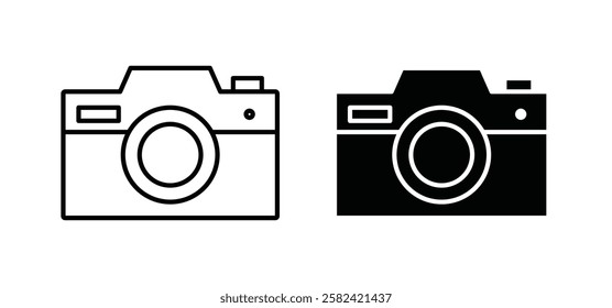 Camera icons pack vectors in black flat and strokes