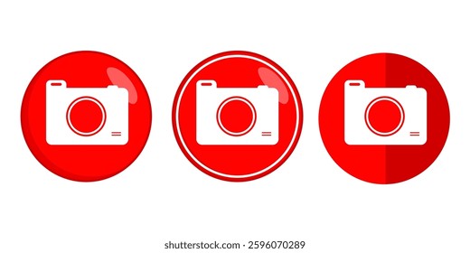 Camera icons, red, white symbol, photography. Circular, minimalist design, glossy, drop shadow. Clean and modern design for photography, websites, apps, screen capture and image projects