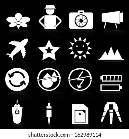 Camera icons with reflect on black background, stock vector