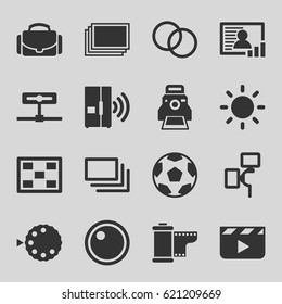 Camera icons set. set of 16 camera filled icons such as photos, burst, contrast, photo, intercom, clapper board