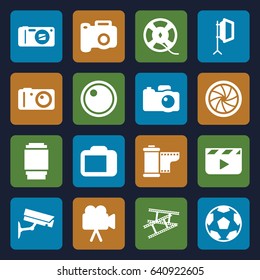 Camera icons set. set of 16 camera filled icons such as film tape, soft box, clapper board