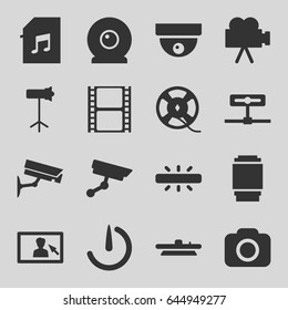 Camera icons set. set of 16 camera filled icons such as movie tape, film tape, memory card with music