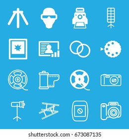 Camera icons set. set of 16 camera filled and outline icons such as film tape, photo, soft box, man in smart glasses