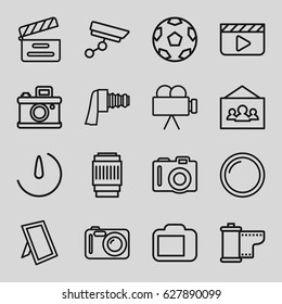 Camera icons set. set of 16 camera outline icons such as movie clapper, photo, clapper board