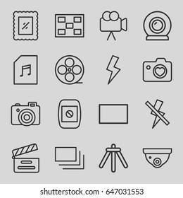 Camera icons set. set of 16 camera outline icons such as movie clapper, movie tape, memory card with music, burst, flash, no flash