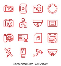 Camera icons set. set of 16 camera outline icons such as memory card with music, no flash