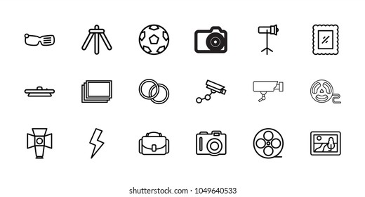 Camera icons. set of 18 editable outline camera icons: photos, picture, movie tape, smart glasses, soft box, studio lapm, flash, photo