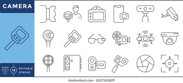 Camera icons set. 18 line icons. Vector editable stroke. Camera, vintage, video, photo, webcam.
