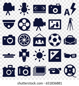 Camera icons set. set of 25 camera filled icons such as photos, movie tape, film tape, soft box, light exposure, contrast, auto flash, photo, smart glasses