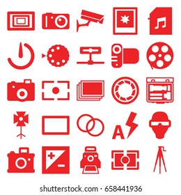 Camera icons set. set of 25 camera filled icons such as photos, memory card with music, photo, soft box, light exposure, burst, auto flash, man in smart glasses
