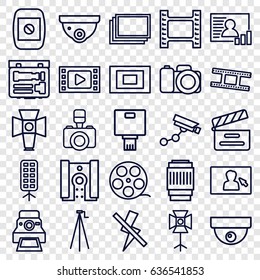 Camera icons set. set of 25 camera outline icons such as photos, movie clapper, soft box, no flash, photo