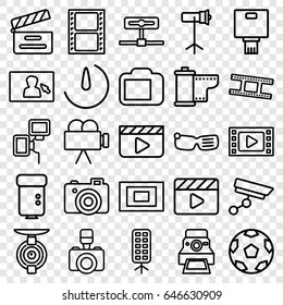 Camera icons set. set of 25 camera outline icons such as movie clapper, movie tape, soft box, studio lapm, photo, smart glasses