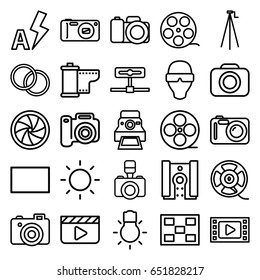Camera icons set. set of 25 camera outline icons such as movie tape, film tape, burst, contrast, auto flash, photo, man in smart glasses