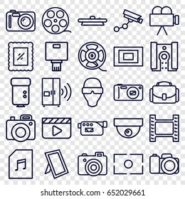 Camera icons set. set of 25 camera outline icons such as film tape, memory card with music, photo, intercom, man in smart glasses, clapper board