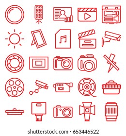 Camera icons set. set of 25 camera outline icons such as movie clapper, film tape, memory card with music, soft box, contrast, no flash, photo, movie tape