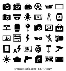 Camera icons set. set of 36 camera filled icons such as memory card with music, soft box, studio lapm, burst, contrast, flash, no flash, auto flash, photo, smart glasses
